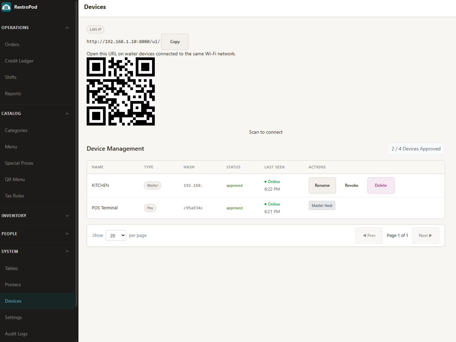 RestroPod device pairing screen showing connected Waiter, Cashier, Manager, and Kitchen devices