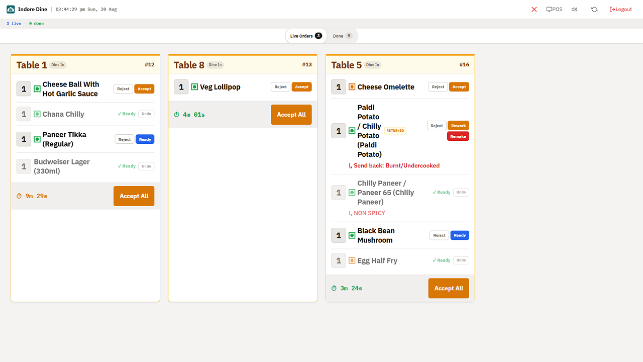 RestroPod Kitchen Display System showing ticket columns by status