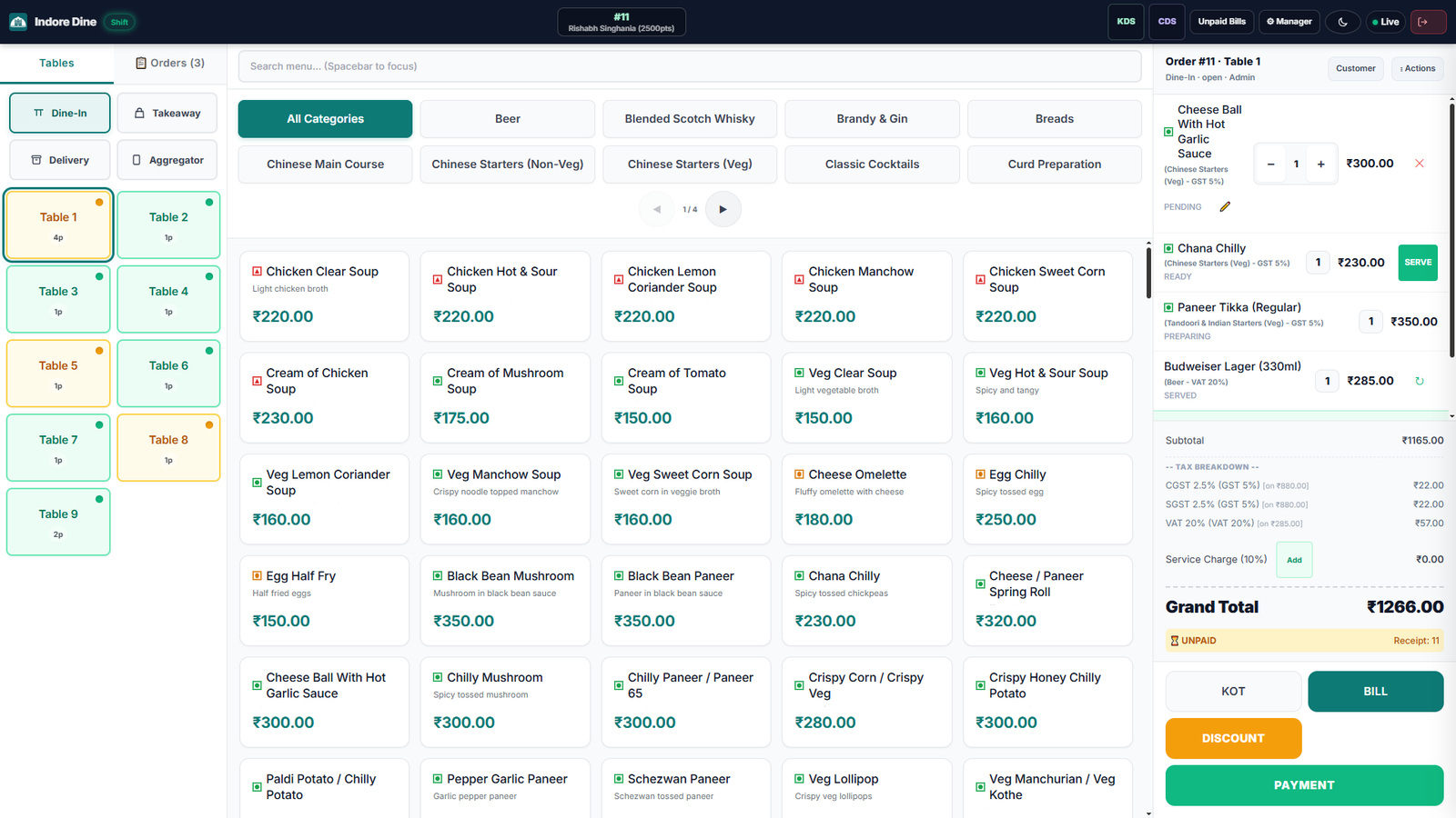 RestroPod POS billing interface showing table grid and bill panel
